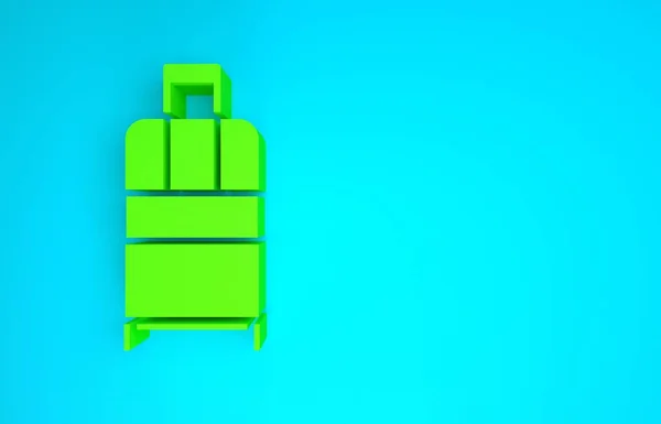 Groene koffer voor reisicoon geïsoleerd op blauwe achtergrond. Reisbagagebord. Reisbagage icoon. Minimalisme concept. 3d illustratie 3D renderen — Stockfoto