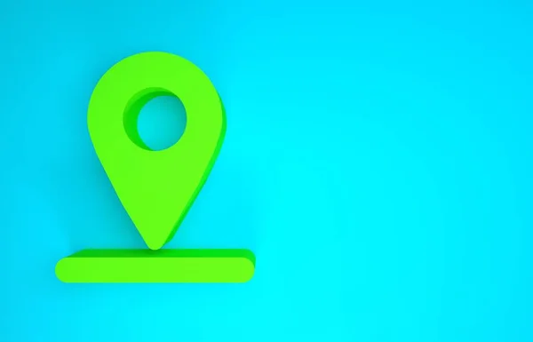 Ícone de pino de mapa verde isolado no fundo azul. Navegação, ponteiro, localização, mapa, GPS, direção, lugar, bússola, conceito de pesquisa. Conceito de minimalismo. 3D ilustração 3D render — Fotografia de Stock
