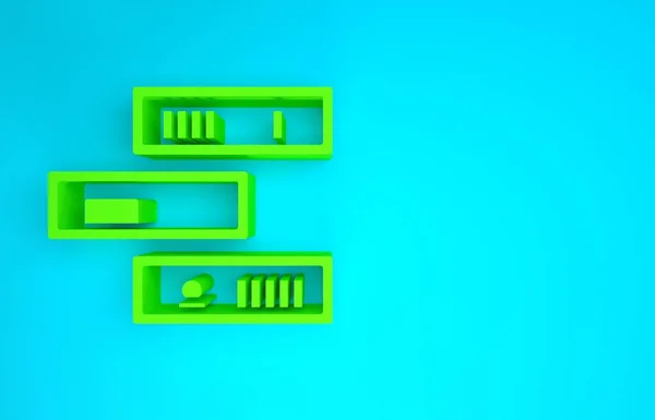 Зелена полиця з значком книг ізольовано на синьому фоні. Знак полиці. Концепція мінімалізму. 3D ілюстрація 3D рендеринга — стокове фото