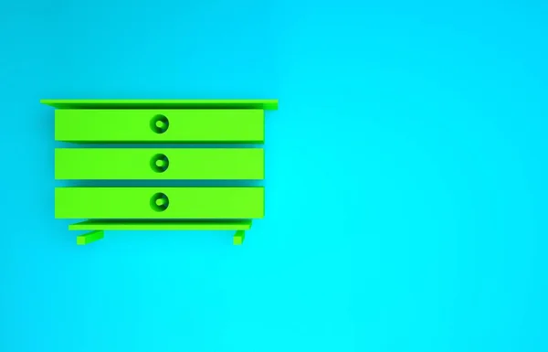 Green Chest of drawers icon isolated on blue background. Minimalism concept. 3d illustration 3D render