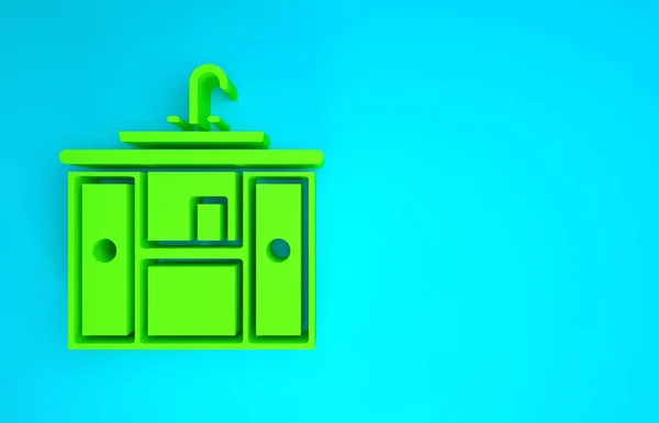 Grüner Waschtischschrank mit Wasserhahn-Symbol auf blauem Hintergrund. Minimalismus-Konzept. 3D Illustration 3D Renderer — Stockfoto