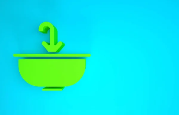 Zielona umywalka z ikoną kranu na niebieskim tle. Koncepcja minimalizmu. Ilustracja 3D 3D renderowania — Zdjęcie stockowe