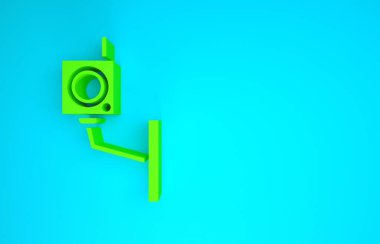 Mavi arkaplanda yeşil güvenlik kamerası simgesi izole edildi. Minimalizm kavramı. 3d illüstrasyon 3B canlandırma