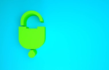 Mavi arkaplanda yeşil kilit ve anahtar simgesi izole edildi. Asma kilit işareti. Güvenlik, güvenlik, koruma, gizlilik kavramı. Minimalizm kavramı. 3d illüstrasyon 3d canlandırma