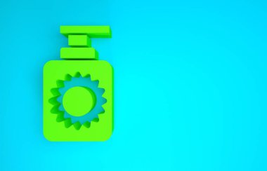 Mavi arka planda izole edilmiş yeşil güneş kremi şişesi simgesi. Cilt için güneş ultraviyole ışığından koruma. Minimalizm kavramı. 3d illüstrasyon 3B canlandırma