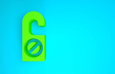 Yeşil Lütfen mavi arkaplanda izole edilmiş simgeyi rahatsız etmeyin. Otel Kapısı Askısı Etiketleri. Minimalizm kavramı. 3d illüstrasyon 3B canlandırma