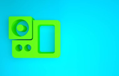 Mavi arkaplanda yeşil fotoğraf makinesi simgesi izole edildi. Fotoğraf makinesi simgesi. Minimalizm kavramı. 3d illüstrasyon 3B canlandırma