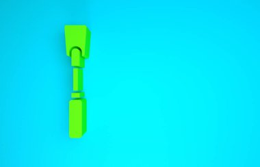 Mavi arkaplanda yeşil deri kamçı simgesi var. Fetiş aksesuarı. Yetişkinler için seks oyuncağı. Minimalizm kavramı. 3d illüstrasyon 3B canlandırma