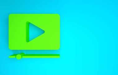 Green Online video oynatma simgesi mavi arkaplanda izole edildi. Oyun işaretli film şeridi. Minimalizm kavramı. 3d illüstrasyon 3B canlandırma