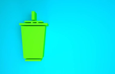 Mavi zemin üzerinde saman ve su ikonu olan yeşil kağıt bardak. Soda bardağı. Taze soğuk içecek sembolü. Minimalizm kavramı. 3d illüstrasyon 3B canlandırma