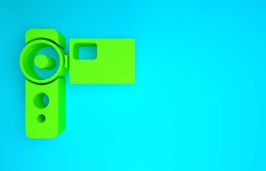 Yeşil Sinema kamera simgesi mavi arkaplanda izole edildi. Video kamera. Film tabelası. Film projektörü. Minimalizm kavramı. 3d illüstrasyon 3B canlandırma