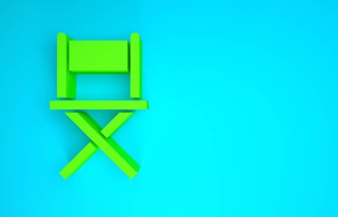 Yeşil Yönetmen film koltuğu ikonu mavi arkaplanda izole edildi. Film endüstrisi. Minimalizm kavramı. 3d illüstrasyon 3B canlandırma