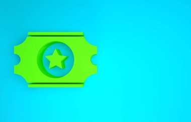 Yeşil Sinema bileti simgesi mavi arkaplanda izole edildi. Minimalizm kavramı. 3d illüstrasyon 3B canlandırma
