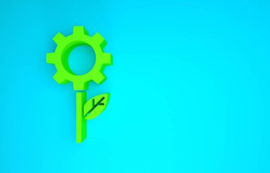 Yeşil Yaprak bitki ekolojisi mavi arka planda izole edilmiş dişli makine ikonu. Çevre dostu teknoloji. Dünya Çevre Günü etiketi. Minimalizm kavramı. 3d illüstrasyon 3B canlandırma