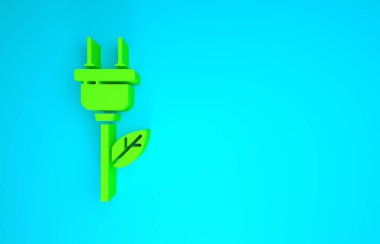 Yaprak simgesindeki Yeşil Elektrik kayıt prizi mavi arkaplanda izole edildi. Elektrik tasarrufu. Çevresel koruma. Biyolojik enerji. Minimalizm kavramı. 3d illüstrasyon 3B canlandırma