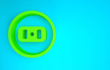 Mavi arkaplanda yeşil elektrik çıkış simgesi izole edildi. Elektrik prizi. Rosette sembolü. Minimalizm kavramı. 3d illüstrasyon 3B canlandırma