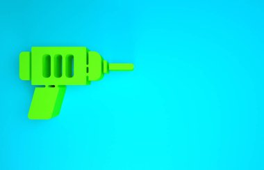 Mavi arkaplanda yeşil elektrikli matkap simgesi izole edildi. Tamir aleti. Minimalizm kavramı. 3d illüstrasyon 3B canlandırma