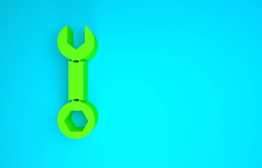 Mavi arkaplanda yeşil anahtarlı simge izole edildi. Minimalizm kavramı. 3d illüstrasyon 3B canlandırma