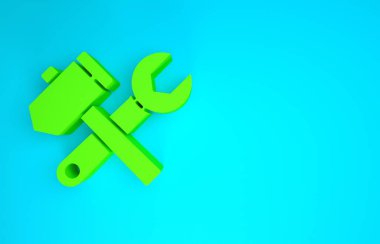 Mavi arka planda yeşil haçlı çekiç ve ingiliz anahtarı simgesi izole edildi. Donanım aletleri. Minimalizm kavramı. 3d illüstrasyon 3B canlandırma
