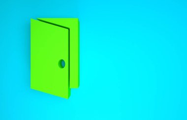 Mavi arkaplanda yeşil kapalı kapı simgesi izole edildi. Minimalizm kavramı. 3d illüstrasyon 3B canlandırma