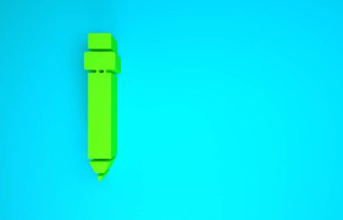 Mavi arkaplanda silgi simgesine sahip yeşil kalem. Çizim ve eğitim araçları. Okul sembolü. Minimalizm kavramı. 3d illüstrasyon 3B canlandırma