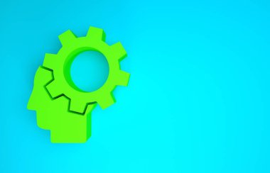 Mavi arka planda izole edilmiş ikon içerisindeki teçhizatlı yeşil insan kafası. Yapay zeka. Düşünen beyin. Beynin sembol çalışması. Minimalizm kavramı. 3d illüstrasyon 3B canlandırma