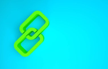 Yeşil zincir bağlantı simgesi mavi arkaplanda izole edildi. Bağlantı bekar. Minimalizm kavramı. 3d illüstrasyon 3d canlandırma