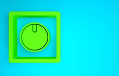 Mavi arkaplanda yeşil elektrik düğmesi simgesi izole edildi. Açık ve kapalı simgesi. Loş ışık düğmesi işareti. Enerji tasarrufu kavramı. Minimalizm kavramı. 3d illüstrasyon 3B canlandırma