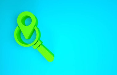 Mavi arkaplanda yeşil arama konumu simgesi izole edildi. İşaretli büyüteç. Minimalizm kavramı. 3d illüstrasyon 3d canlandırma