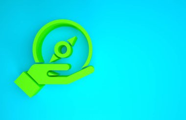 Mavi arkaplanda yeşil pusula simgesi izole edildi. Rüzgâr yön bulma sembolü. Rüzgar gül işareti. Minimalizm kavramı. 3d illüstrasyon 3B canlandırma