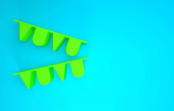 绿色嘉年华花环,旗帜图标孤立在蓝色背景上.生日庆祝、节日装饰用的聚会铅笔。最低纲领的概念。3D渲染3D插图 — 图库照片