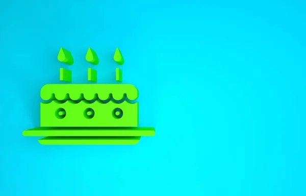 Bolo verde com velas em chamas ícone isolado no fundo azul. Feliz Aniversário. Conceito de minimalismo. 3D ilustração 3D render — Fotografia de Stock