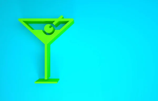 蓝色背景上孤立的绿色马丁尼玻璃图标。鸡尾酒尾巴图标。酒杯图标。最低纲领的概念。3D渲染3D插图 — 图库照片