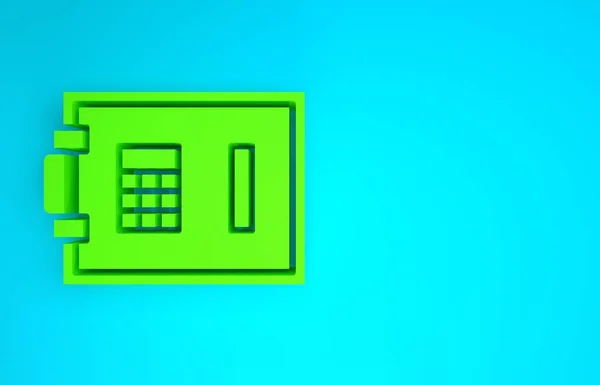 Green Safe εικονίδιο απομονώνονται σε μπλε φόντο. Η πόρτα ασφαλίζει ένα θησαυροφυλάκιο τράπεζας με κλειδαριά συνδυασμού. Αξιόπιστη προστασία δεδομένων. Μινιμαλιστική έννοια. 3d απεικόνιση 3D καθιστούν — Φωτογραφία Αρχείου
