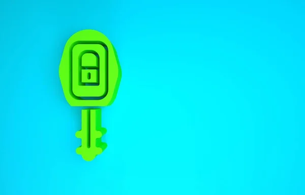 Green Car key with remote icon isolated on blue background. Car key and alarm system. Minimalism concept. 3d illustration 3D render — Stock Photo, Image