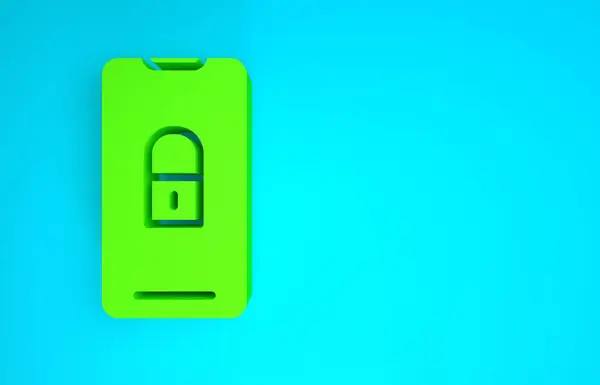 Smartphone vert avec icône cadenas fermé isolé sur fond bleu. Téléphone avec serrure. Sécurité mobile, sécurité, concept de protection. Concept de minimalisme. Illustration 3D rendu 3D — Photo