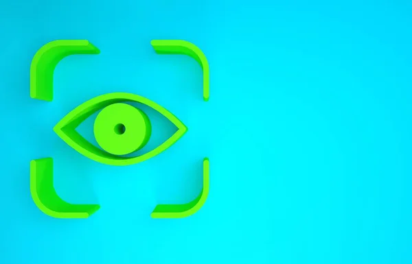 Zöld szem szkennelés ikon elszigetelt kék háttérrel. Szkennelés. Biztonsági ellenőrzés szimbólum. Kiberszem jel. Minimalizmus koncepció. 3d illusztráció 3D render — Stock Fotó