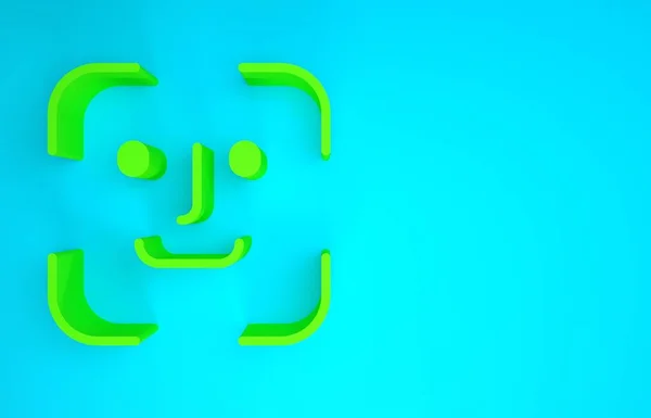 Green Face herkenningspictogram geïsoleerd op blauwe achtergrond. Gezicht identificatie scanner icoon. Gezichtsidentificatie. Cybersecurity concept. Minimalisme concept. 3d illustratie 3D renderen — Stockfoto