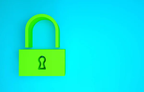 Το εικονίδιο Green Lock απομονώθηκε σε μπλε φόντο. Σύμβολο Padlock. Ασφάλεια, ασφάλεια, προστασία, έννοια της ιδιωτικής ζωής. Μινιμαλιστική έννοια. 3d απεικόνιση 3D καθιστούν — Φωτογραφία Αρχείου