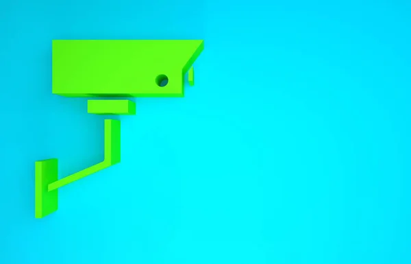 Zöld biztonsági kamera ikon elszigetelt kék háttérrel. Minimalizmus koncepció. 3d illusztráció 3D render — Stock Fotó