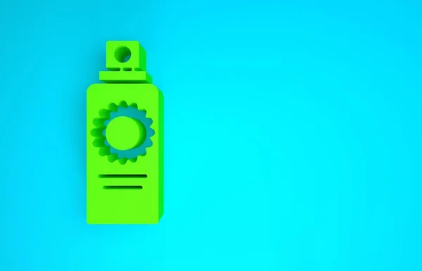 Icône de vaporisateur de crème solaire verte isolée sur fond bleu. Protection de la peau contre les rayons ultraviolets solaires. Concept de minimalisme. Illustration 3D rendu 3D — Photo