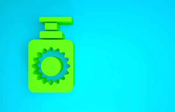 Ícone de garrafa de spray de protetor solar verde isolado no fundo azul. Proteção para a pele da luz ultravioleta solar. Conceito de minimalismo. 3D ilustração 3D render — Fotografia de Stock