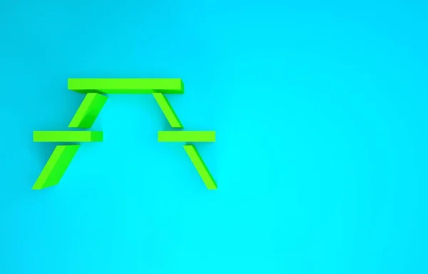 Πράσινο τραπέζι πικνίκ με παγκάκια και στις δύο πλευρές του τραπεζιού εικονίδιο που απομονώνονται σε μπλε φόντο. Μινιμαλιστική έννοια. 3d απεικόνιση 3D καθιστούν — Φωτογραφία Αρχείου