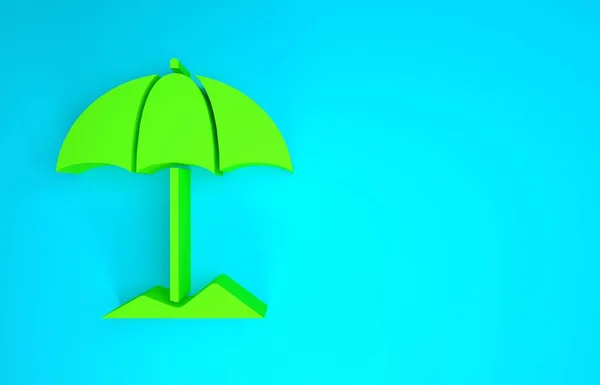 Green Sun ochranný deštník pro plážové ikony izolované na modrém pozadí. Velký slunečník pro venkovní prostor. Plážový deštník. Minimalismus. 3D ilustrace 3D vykreslení — Stock fotografie