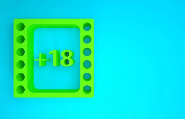 Green Play Wideo z napisem 18 plus ikona zawartości na niebieskim tle. Symbol ograniczenia wieku. Kanał dla dorosłych. Koncepcja minimalizmu. Ilustracja 3D 3D renderowania — Zdjęcie stockowe