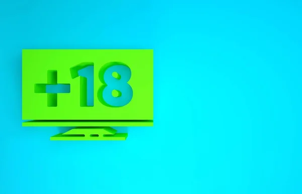 Зелений монітор комп'ютера з 18 піктограмою вмісту ізольовано на синьому фоні. Символ обмеження віку. Знак сексуального змісту. Дорослий канал. Концепція мінімалізму. 3D ілюстрація 3D рендеринга — стокове фото