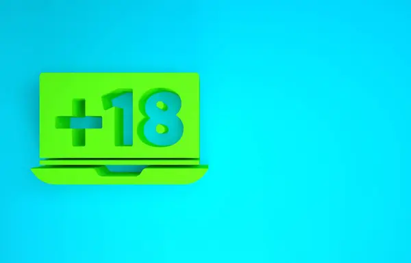 Laptop verde com 18 plus ícone de conteúdo isolado no fundo azul. Símbolo de restrição de idade. Canal adulto. Conceito de minimalismo. 3D ilustração 3D render — Fotografia de Stock