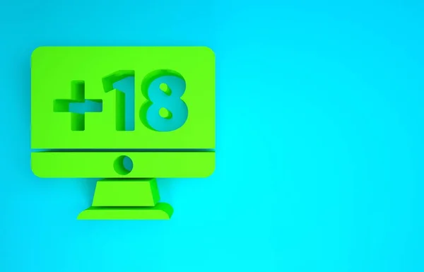 Groene Computer monitor met 18 plus inhoud pictogram geïsoleerd op blauwe achtergrond. Leeftijdsbeperking symbool. Seksinhoud teken. Volwassen kanaal. Minimalisme concept. 3d illustratie 3D renderen — Stockfoto