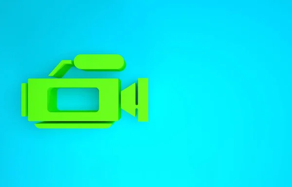녹색 시네마 카메라 아이콘은 파란색 배경에 분리되어 있습니다. 비디오 카메라. 영화 간판이야. 영화 프로젝터. 미니멀리즘의 개념입니다. 3d 삽화 3D 렌더링 — 스톡 사진