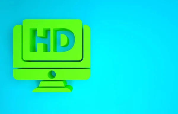 Écran d'ordinateur PC vert avec icône de la technologie vidéo HD isolé sur fond bleu. Concept de minimalisme. Illustration 3D rendu 3D — Photo